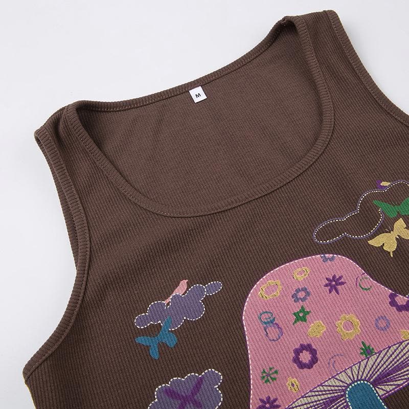 Butterfly pattern u neck contrast sleeveless crop top