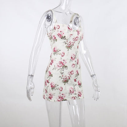 Contrast flower print backless sleeveless mini dress
