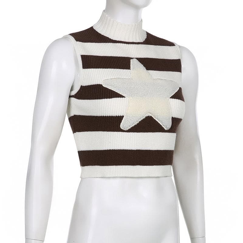 Star pattern patchwork high neck sleeveless striped knitted crop top - Final Sale