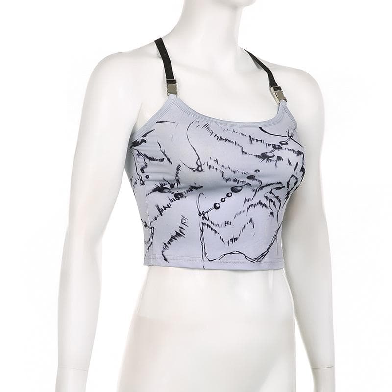 Cross back buckle u neck backless contrast print crop top