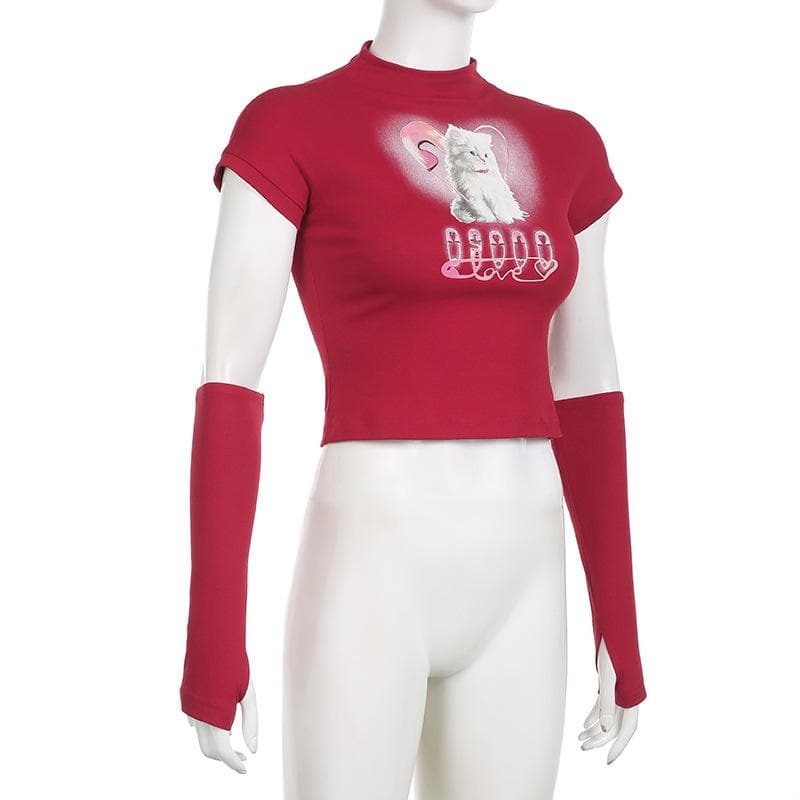 High neck short sleeve gloves cat pattern crop top