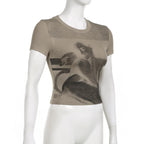 Short sleeve crewneck abstract contrast crop top