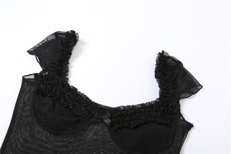 Top senza schienale con maniche a cappuccio, scollo a V con volant e patchwork in rete 