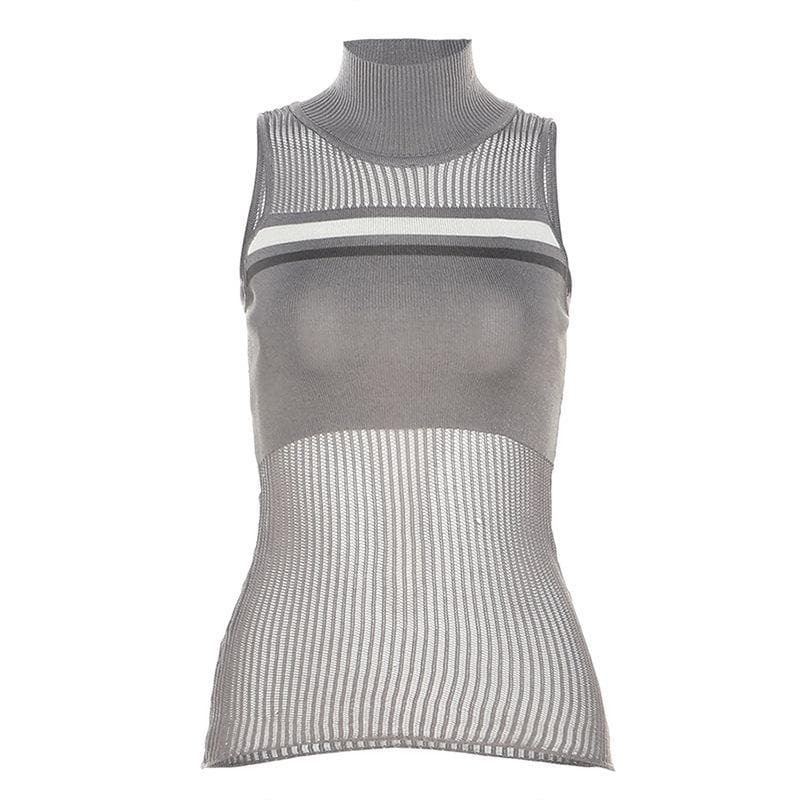 Crochet striped sleeveless high neck hollow out patchwork top