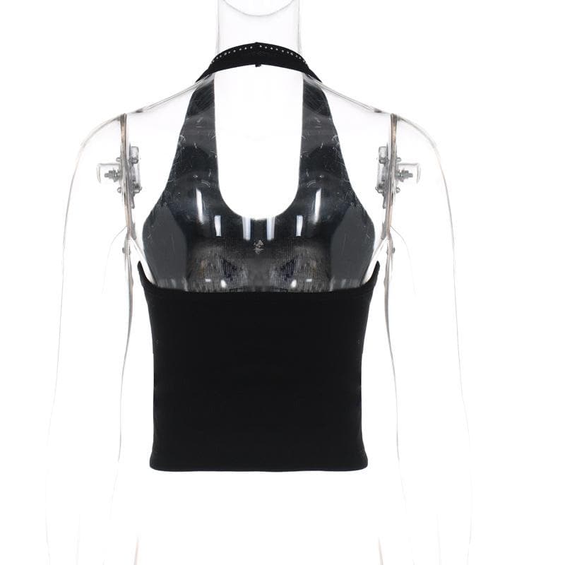 Beaded halter u neck ribbed backless crop top