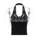 Beaded halter u neck ribbed backless crop top