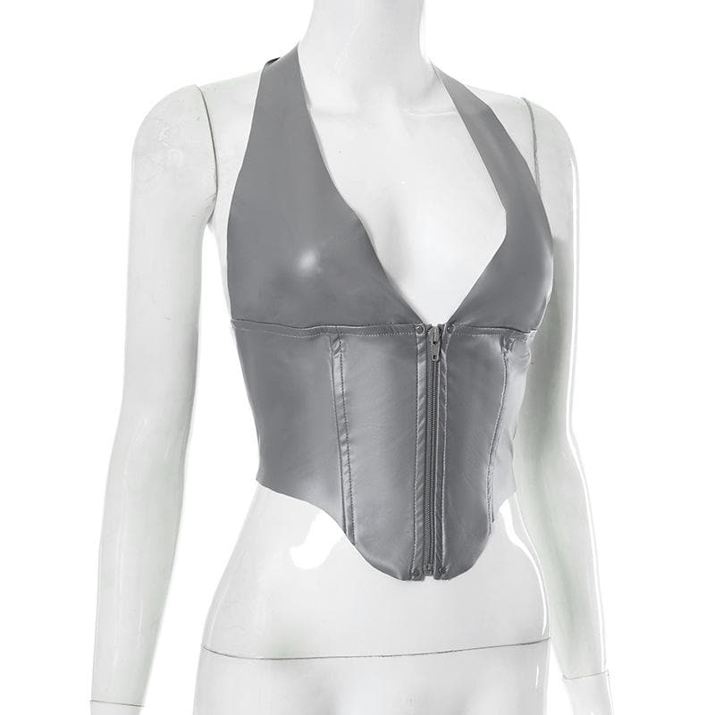 Neckholder-Crop-Top aus PU-Leder mit Reißverschluss und rückenfreiem V-Ausschnitt 