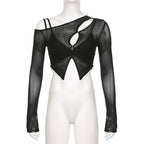 Irregular long sleeve hollow out mesh solid 2 piece crop top