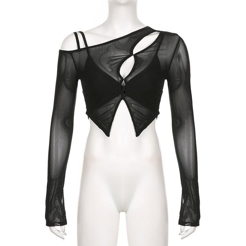Irregular long sleeve hollow out mesh solid 2 piece crop top