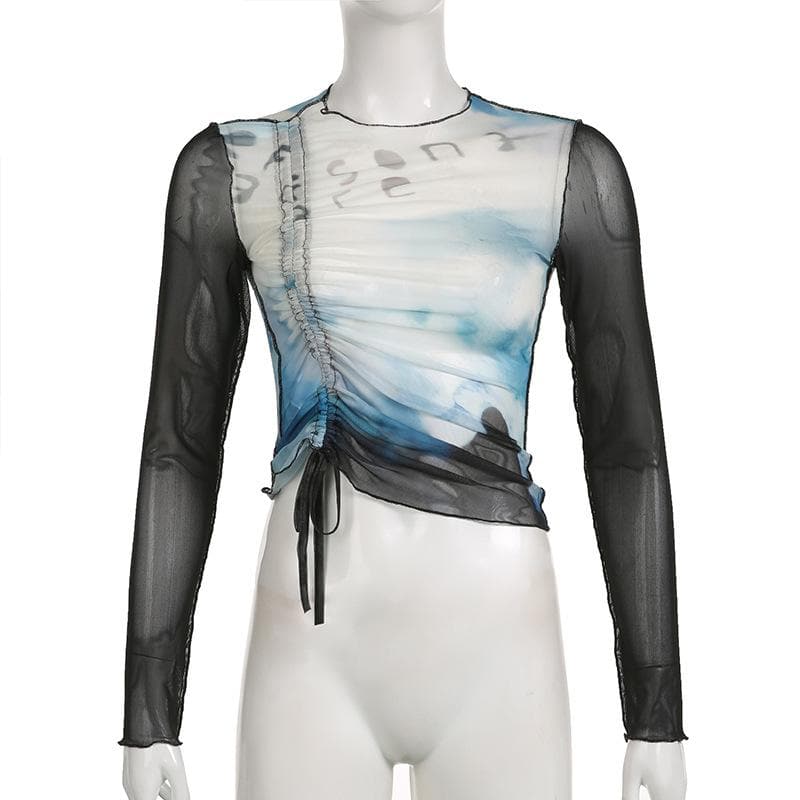 Drawstring long sleeve sheer mesh see through ruched contrast top