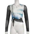 Drawstring long sleeve sheer mesh see through ruched contrast top