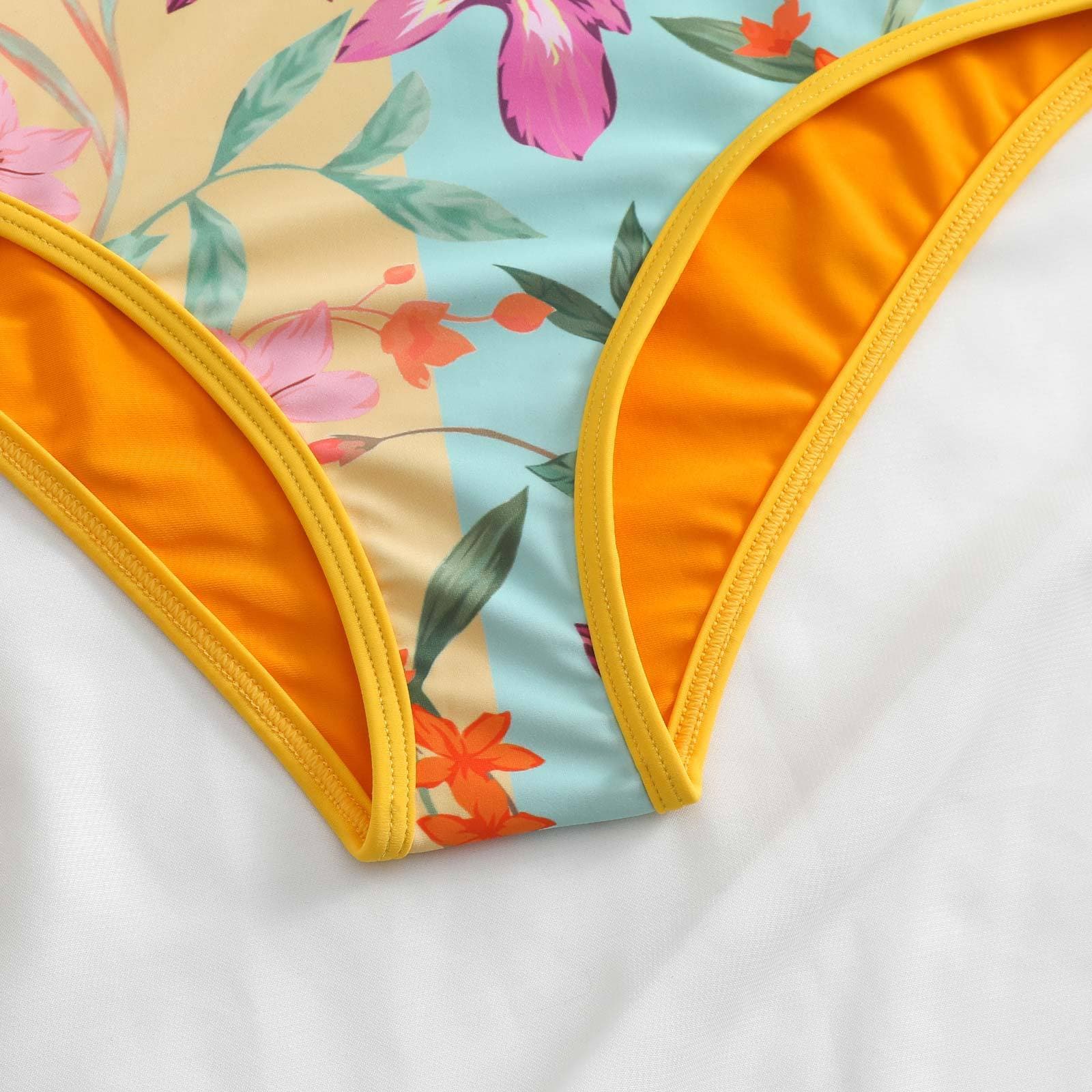Costume da bagno 3 pezzi con canotta bidirezionale e scollo a V a contrasto con stampa floreale