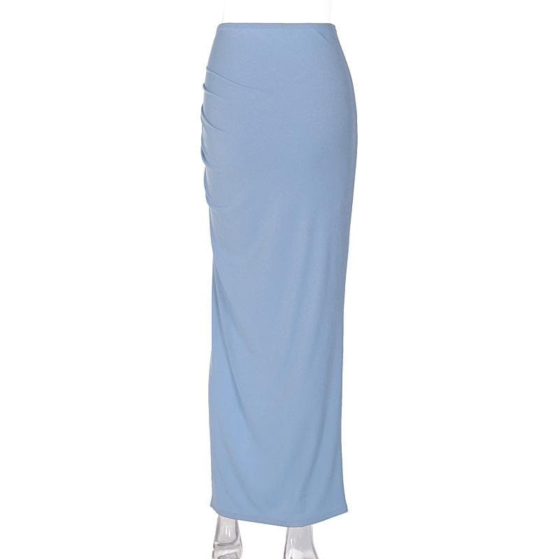 Ruched slit irregular solid ribbed maxi skirt