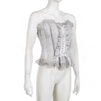Ruffle striped contrast lace hem corset lace up backless top