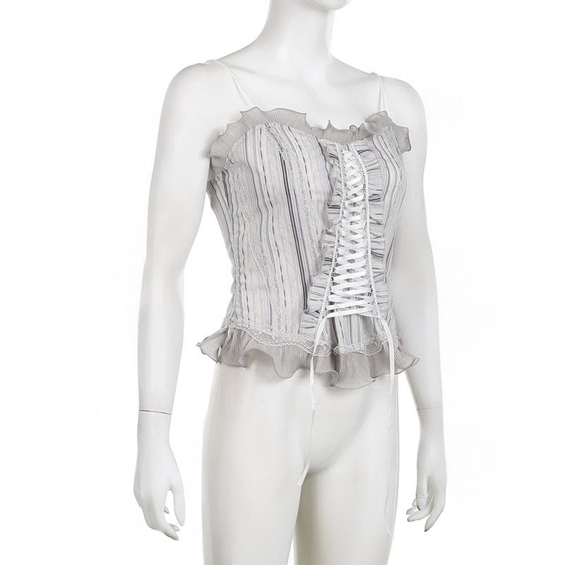 Ruffle striped contrast lace hem corset lace up backless top