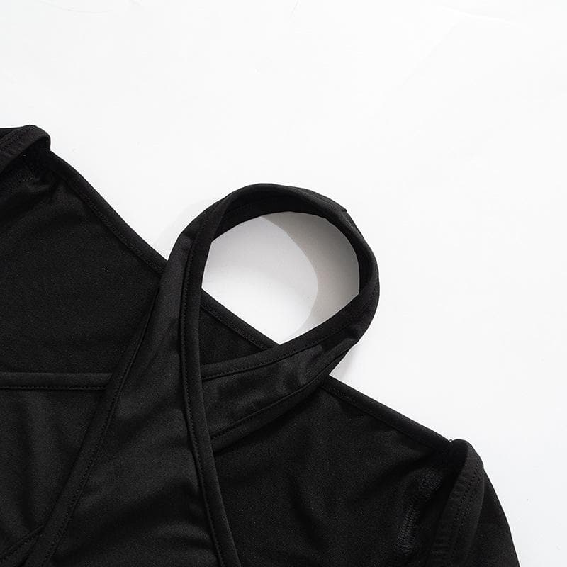 Long sleeve solid halter cross front hollow out crop top - Final Sale