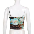 Abstract Print Ruched Contrast V Neck Backless Cami Crop Top