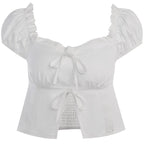 Smocked puff sleeve solid ruffle slit backless crop top