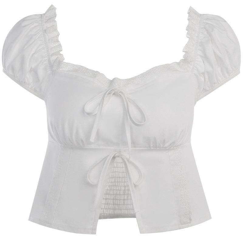 Smocked puff sleeve solid ruffle slit backless crop top