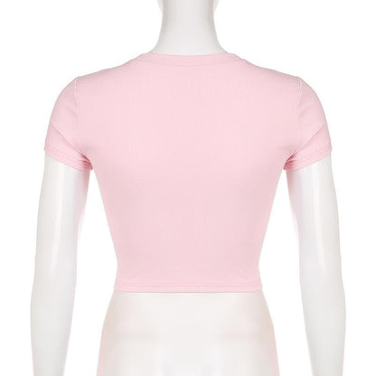 Short sleeve "FUNOFF" pattern contrast crewneck crop top