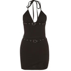 Buckle halter ruched slit v neck self tie backless mini skirt set