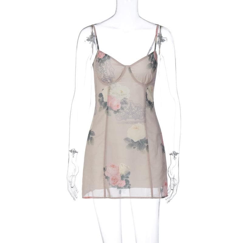 Miniabito con scollo a V e zip a contrasto, stampa floreale in chiffon