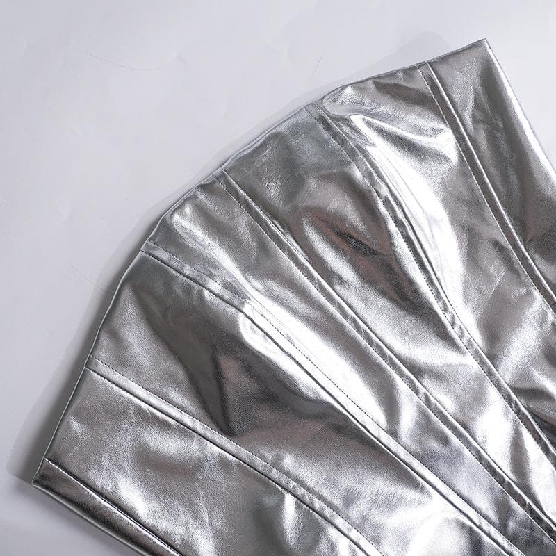 Metallic backless zip-up corset tube mini skirt set