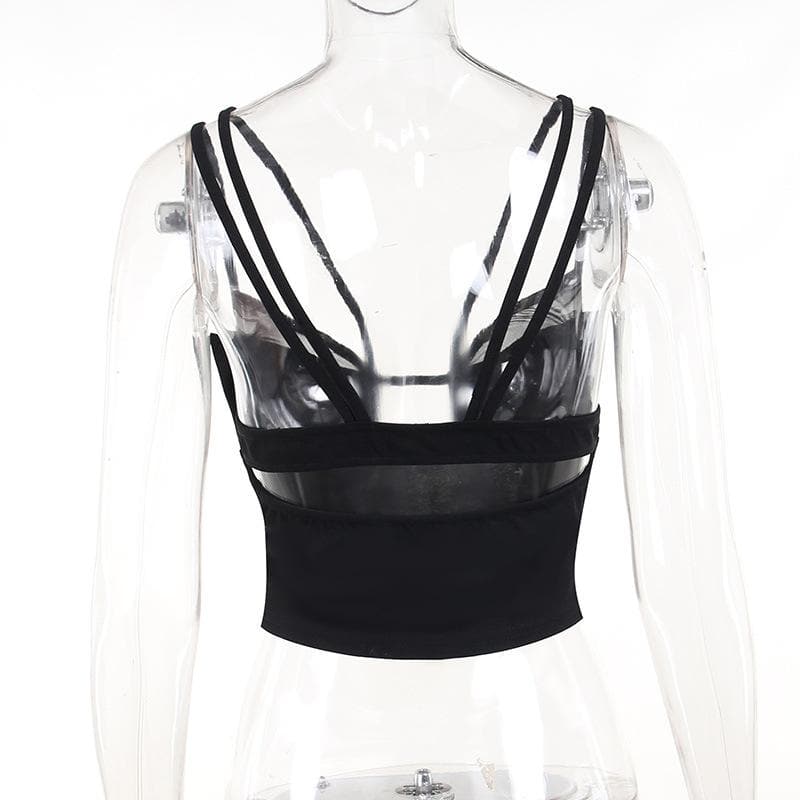 Mesh solid patchwork backless hollow out crop top