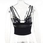 Mesh solid patchwork backless hollow out crop top