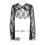 Flared sleeve ruched lace solid shrug top