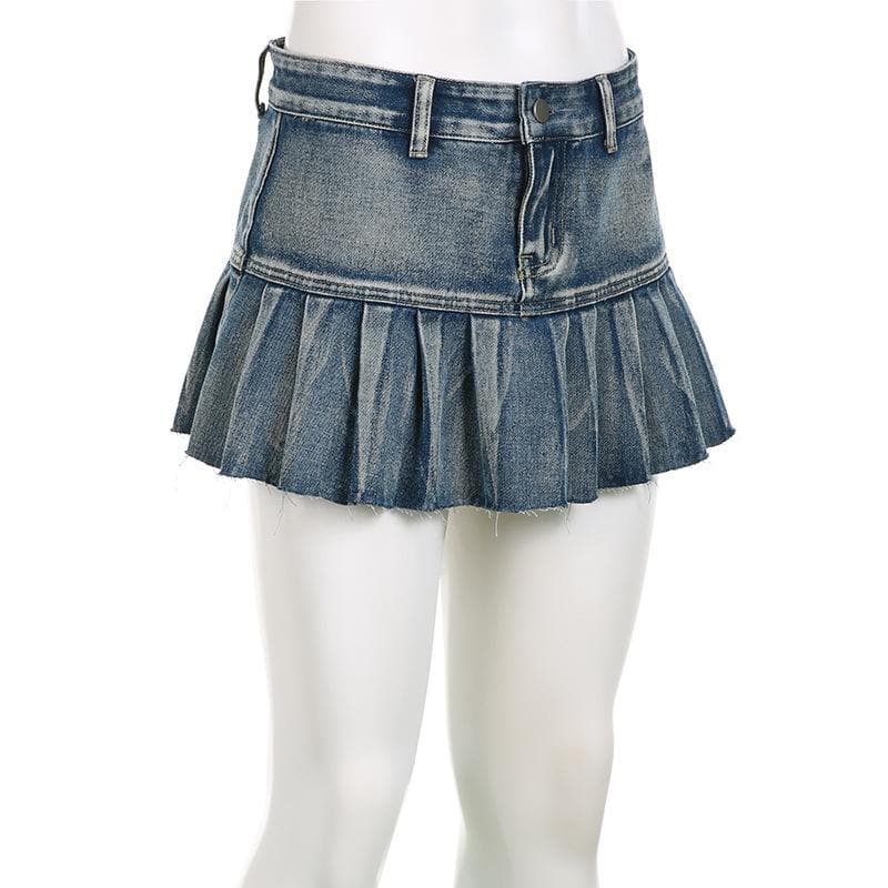Pleated low rise raw hem A line denim mini skirt