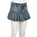 Pleated low rise raw hem A line denim mini skirt