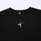Crewneck short sleeve star applique self tie solid crop top