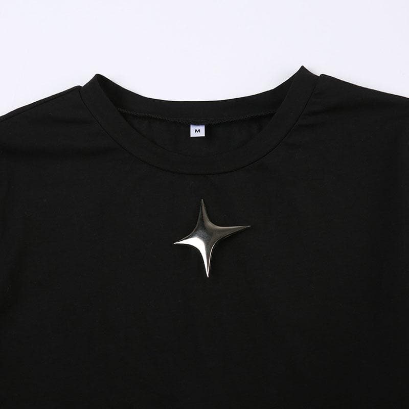Crewneck short sleeve star applique self tie solid crop top