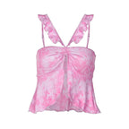 Ruffle tie dye slit backless ruched contrast crop top