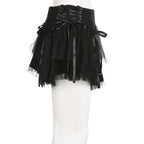 Lace up zip-up patchwork ruched mesh low rise solid mini skirt