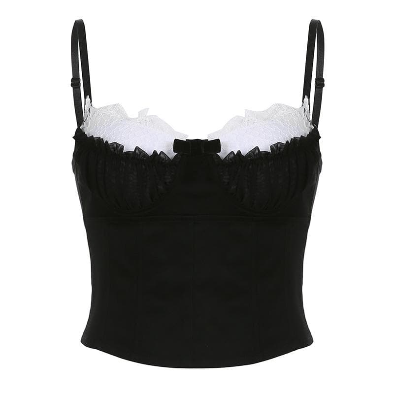 Top canotta con bottoni e corsetto arricciato in patchwork a contrasto con orlo in pizzo