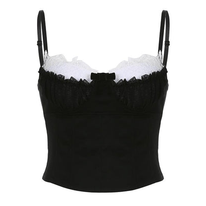Top canotta con bottoni e corsetto arricciato in patchwork a contrasto con orlo in pizzo