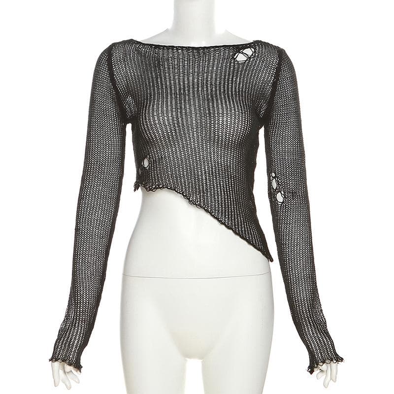 Crochet solid hollow out long sleeve irregular see through crop top