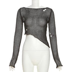 Crochet solid hollow out long sleeve irregular see through crop top