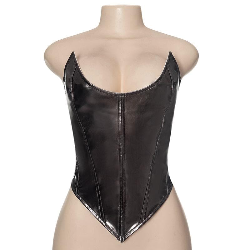 Corsetto in pelle PU con scollatura a U, top a tubino senza schienale e lacci 