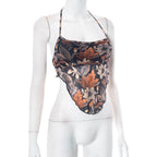 Mesh leaf pattern contrast ruched halter backless ruffle crop top - Final Sale