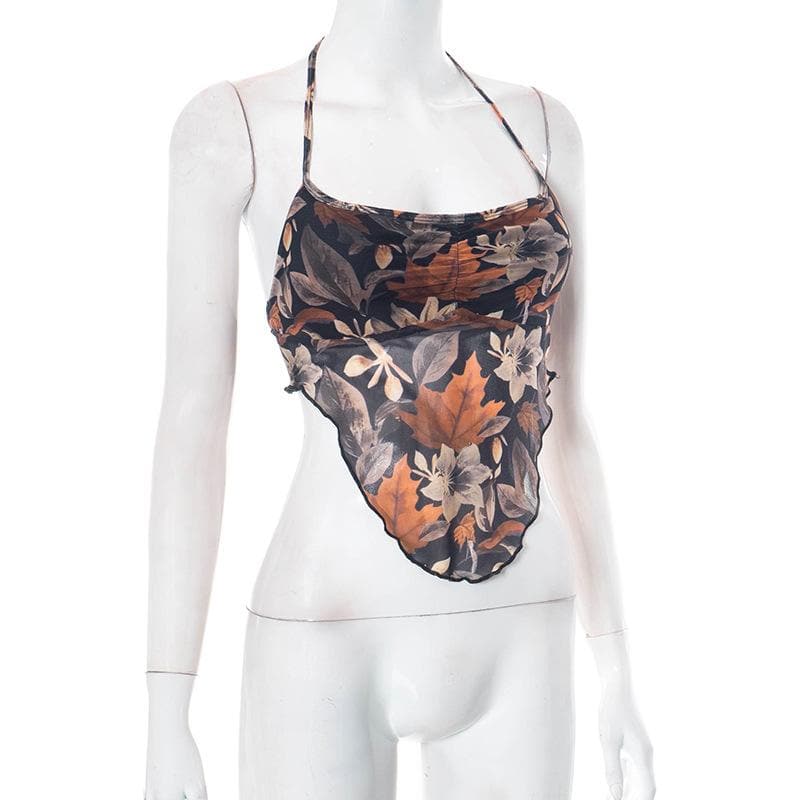 Mesh leaf pattern contrast ruched halter backless ruffle crop top - Final Sale