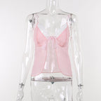 Lace hem backless chiffon self tie contrast crop top