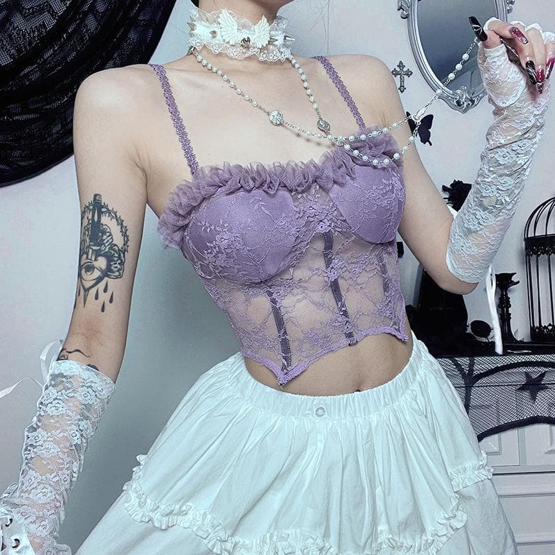 Backless lace bustier ruffle solid cami crop top