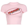 Short sleeve "FUNOFF" pattern contrast crewneck crop top