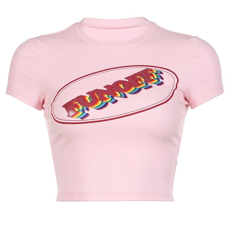 Short sleeve "FUNOFF" pattern contrast crewneck crop top
