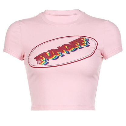 Short sleeve "FUNOFF" pattern contrast crewneck crop top