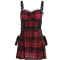 Backless ruched lace hem plaid lace up zip-up mini dress
