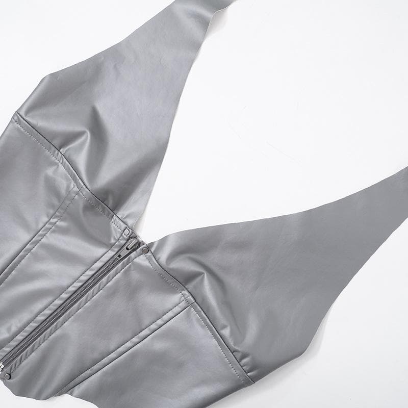Neckholder-Crop-Top aus PU-Leder mit Reißverschluss und rückenfreiem V-Ausschnitt 